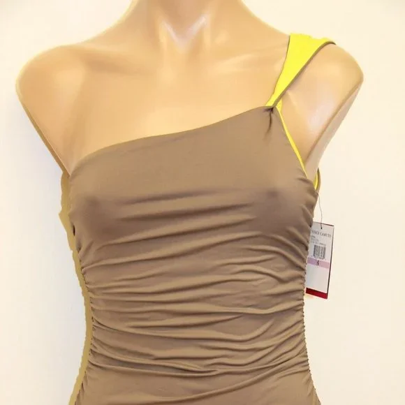NWT Vince Camuto One Piece Swimsuit One shoulder Ruched Brown Sun - Picture 3 of 7